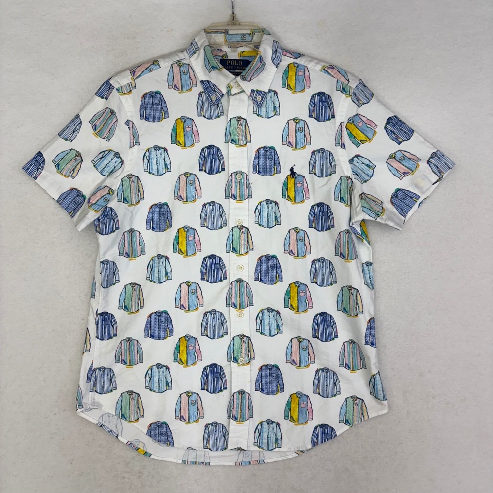 Polo Ralph Lauren Men M White Painterly Shirt‎ Icon Print Short Sleeve Oxford